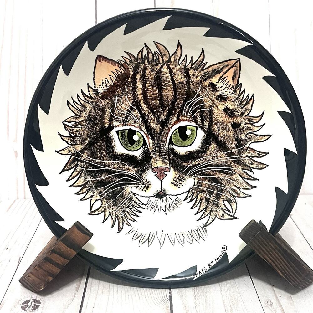 Cats By Nina Lyman Ceramic Bowl Brown Tabby Cat Green Eyes Striped Long Haired